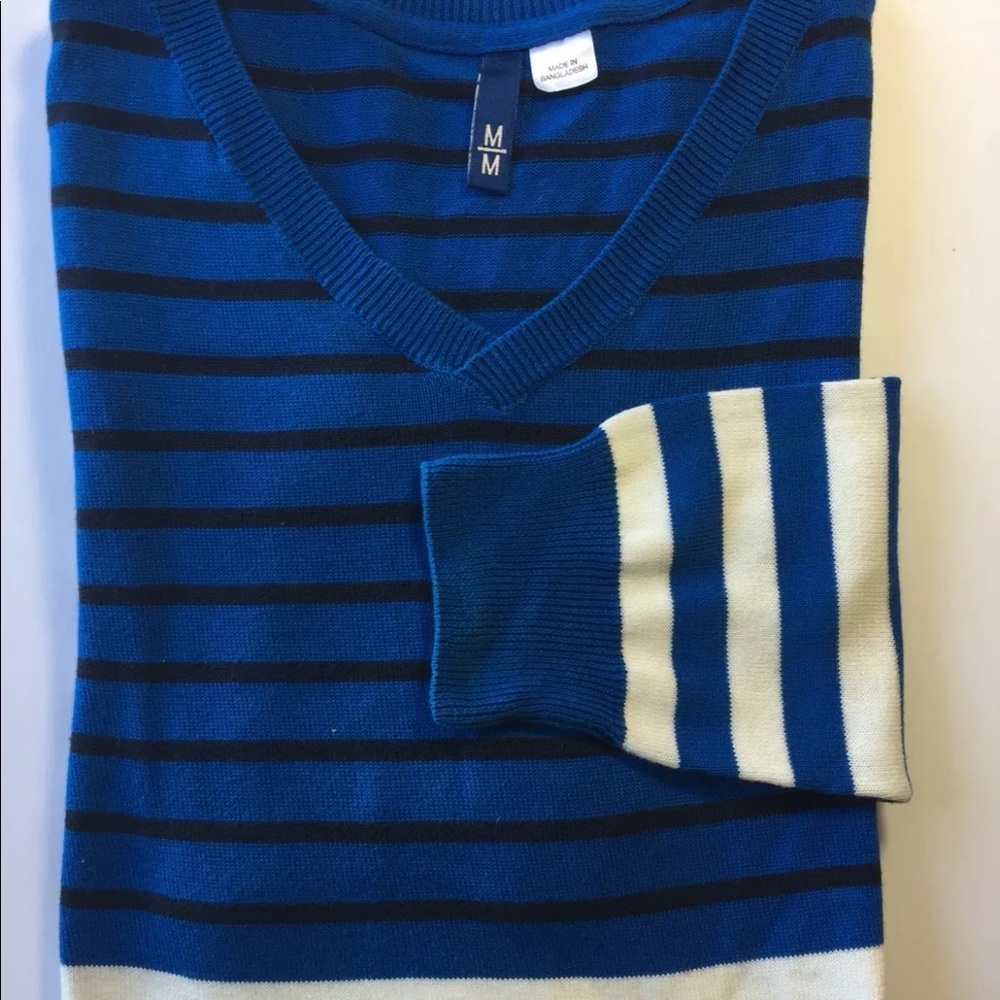 H&M Men V-Neck Sweater Blue White Striped Long Sleeve 100% Cotton Medium